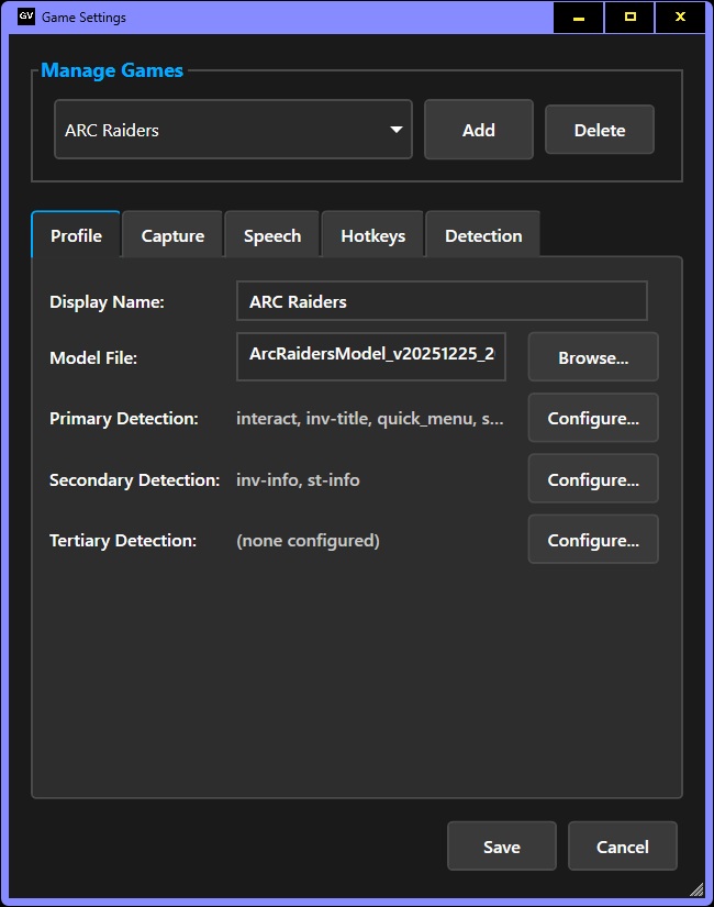 Game Settings window showing capture method options, detection settings with confidence thresholds and auto-read cooldown sliders, voice configuration for primary, secondary, and tertiary tiers with voice selection and speech rate controls, and customizable hotkey assignments