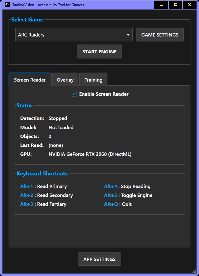 GamingVision main application window showing game selection dropdown, Start Detection button, status panel displaying detection state and GPU info, and keyboard shortcuts reference including Alt+1 through Alt+5 and Alt+Q