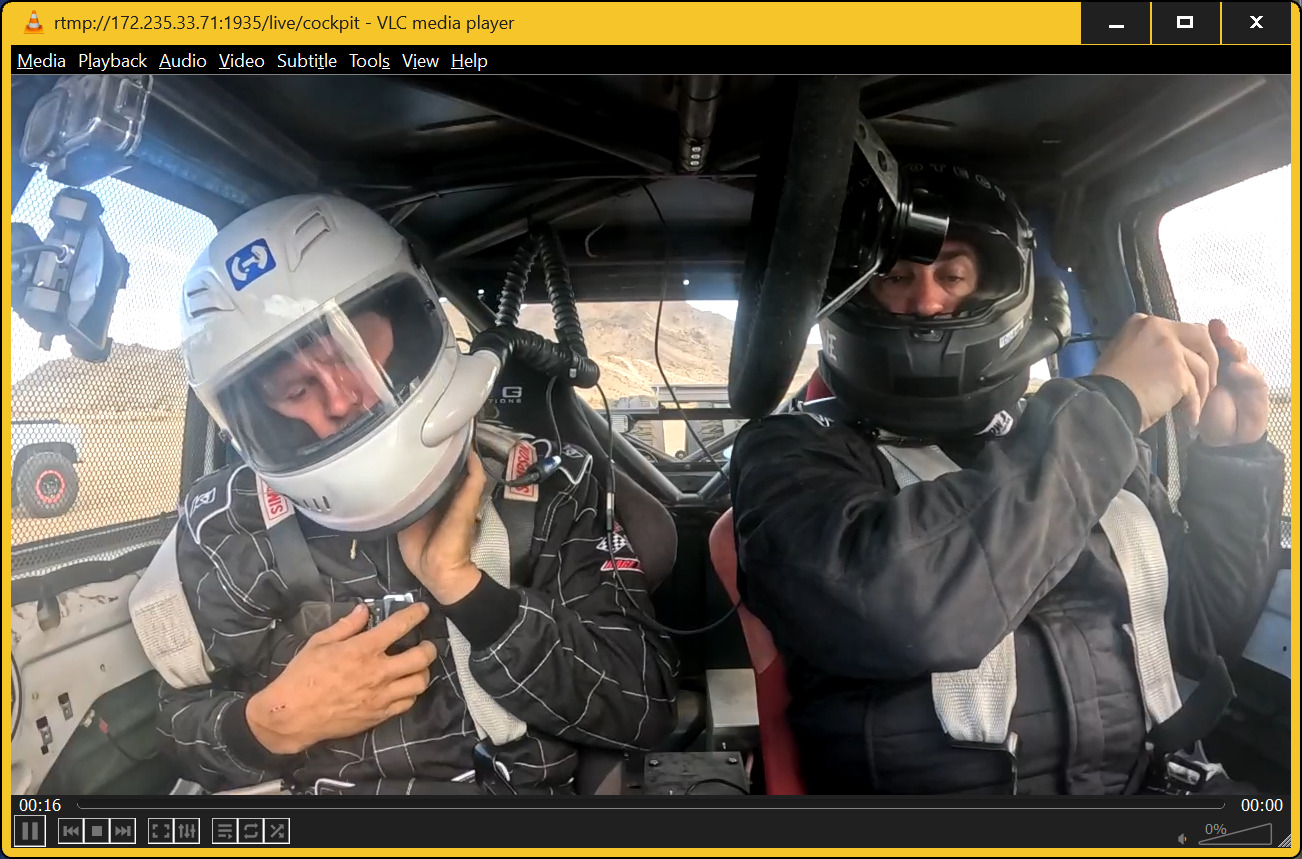 View from inside the race truck showing the driver and co-driver in their seats with helmets and harnesses