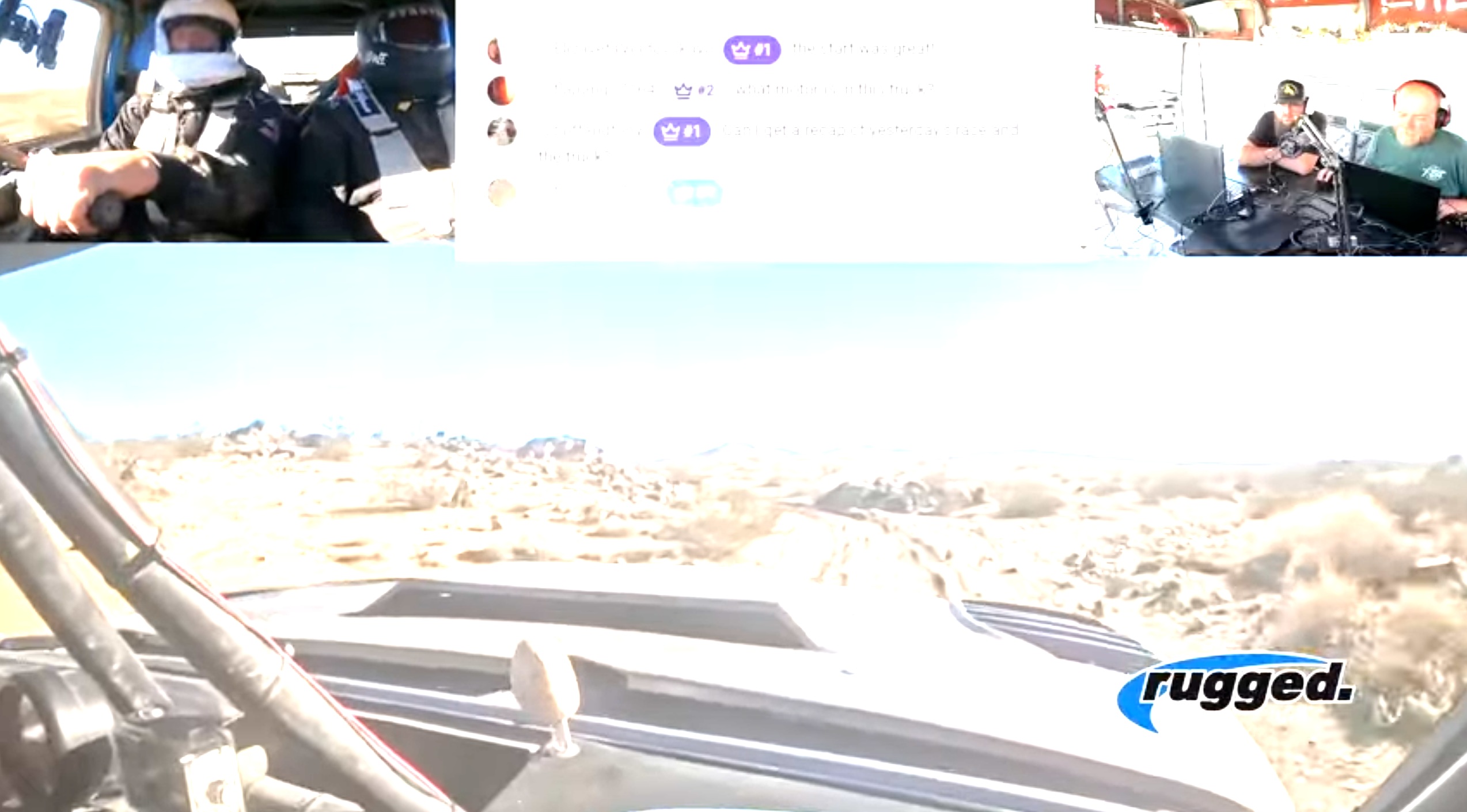 Screenshot of the live stream showing multiple camera feeds from the race truck with host commentary overlay and YouTube chat